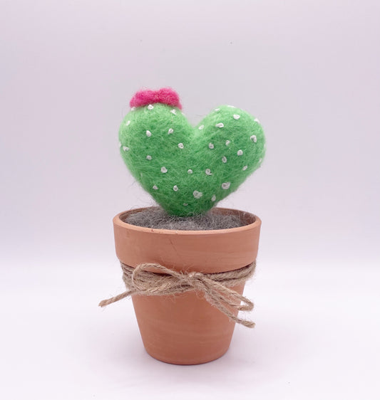 Heart shaped Cactus in a Terra Cotta Pot Needle Felted Figure